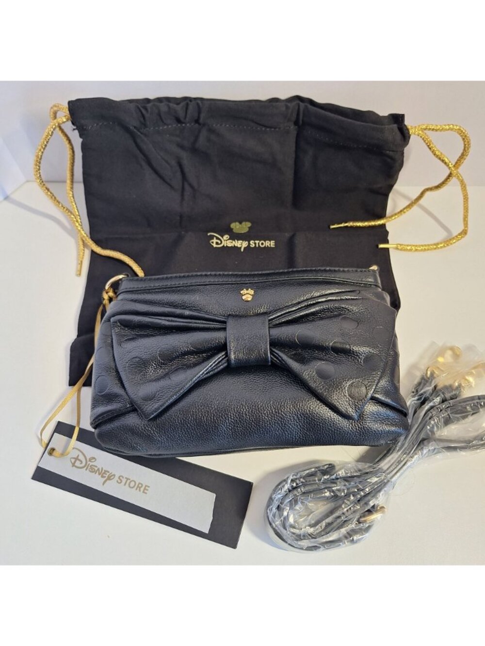 Disney Store Black Minnie Mouse Polka Dot Bow Leather Gold Accents Dust Bag - Picture 10 of 10